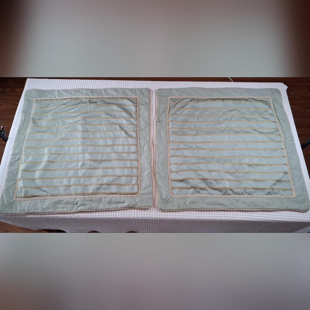 Ashley Furniture Queen Bed Skirt & 2 Euro Shams Light Green/Golden Tan Stripe
